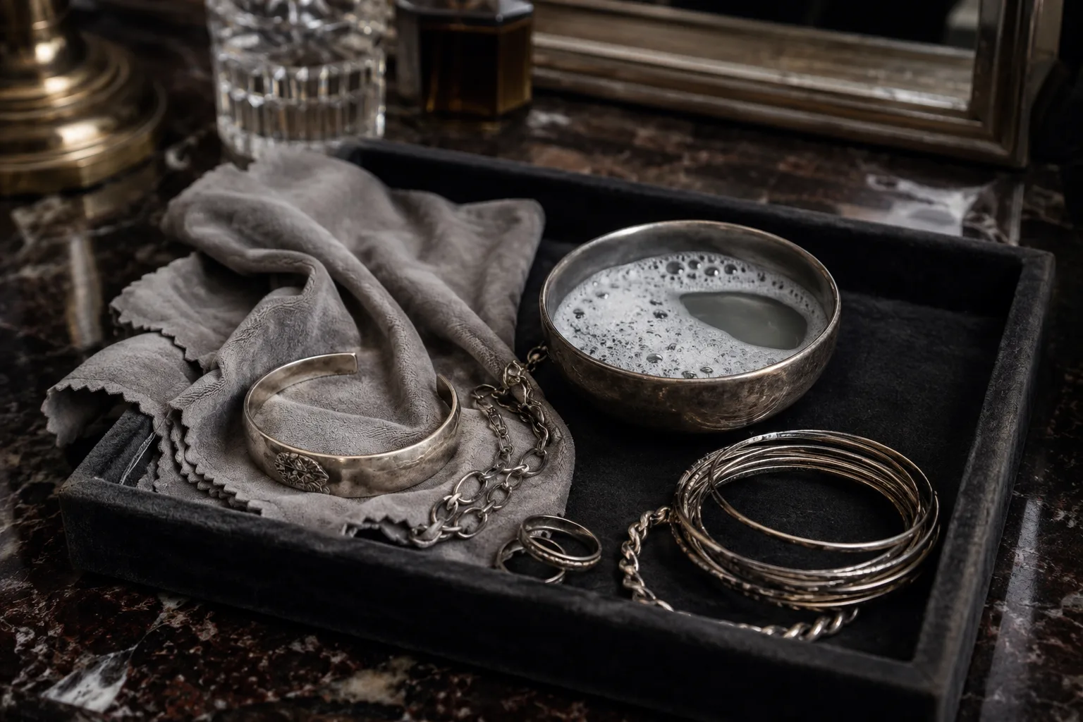 Bijoux en argent avec chiffon doux et eau savonneuse pour un nettoyage prudent