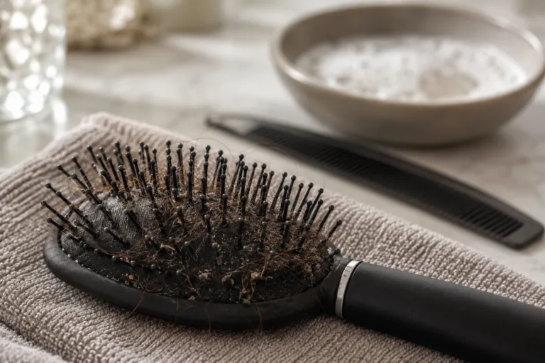 Brosse à cheveux avec cheveux et poussière avant nettoyage