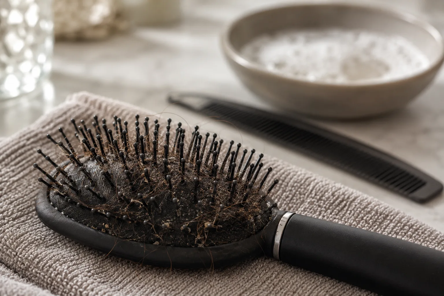 Brosse à cheveux avec cheveux et poussière avant nettoyage