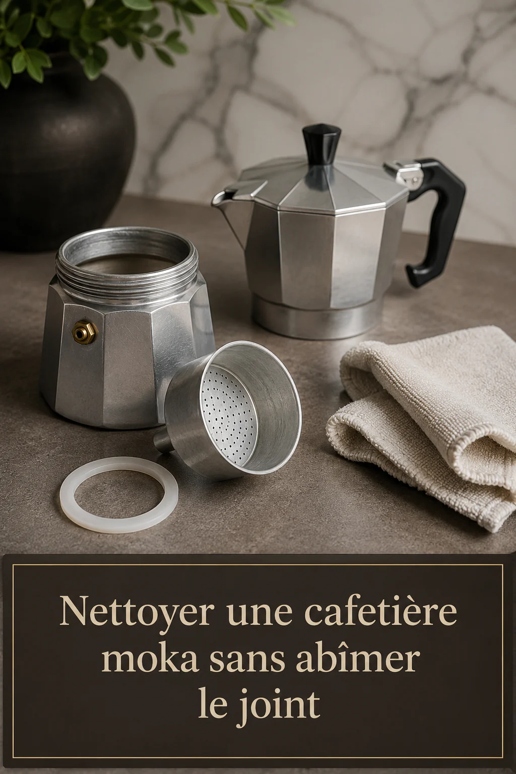 Visuel Pinterest sur le nettoyage d'une cafetière moka sans abîmer le joint