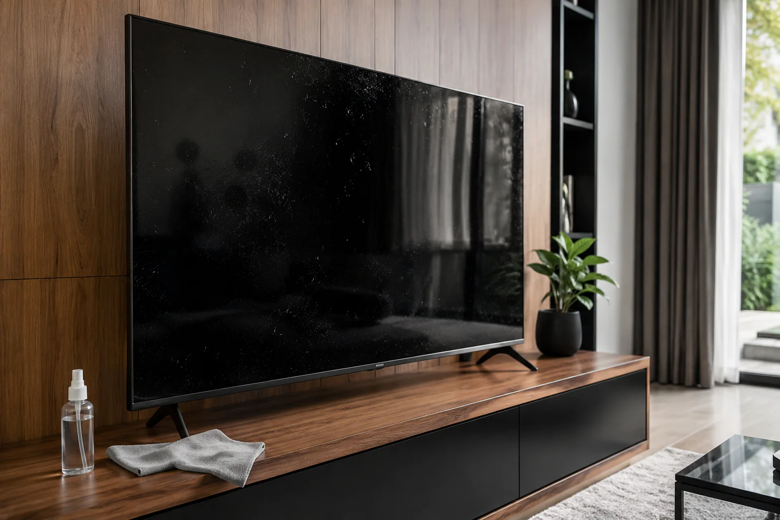 Écran de télévision éteint avec poussière légère et chiffon microfibre
