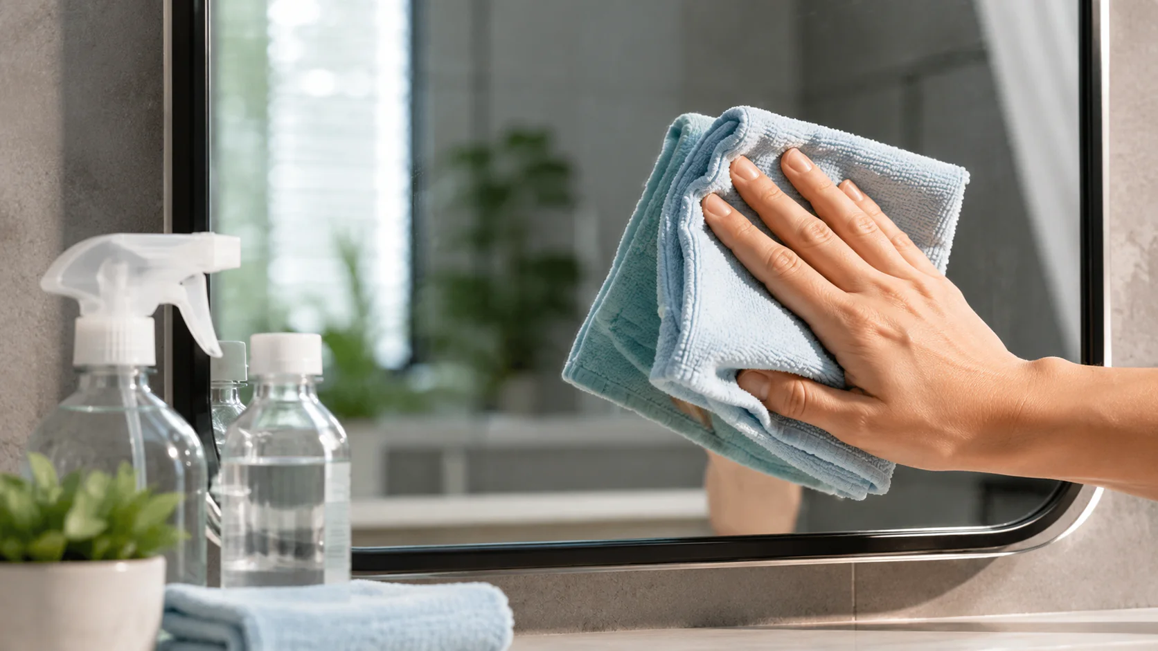 Main nettoyant un miroir avec un chiffon microfibre pour éliminer les traces et obtenir une surface nette