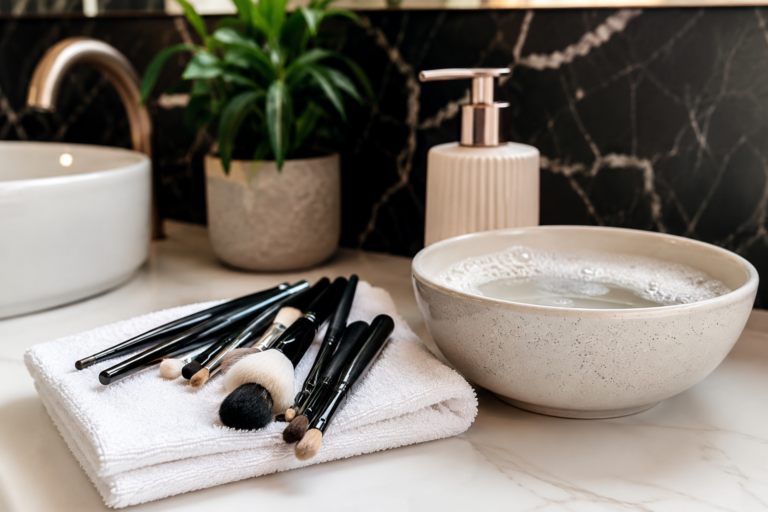 Pinceaux de maquillage avec bol d'eau tiede et serviette propre