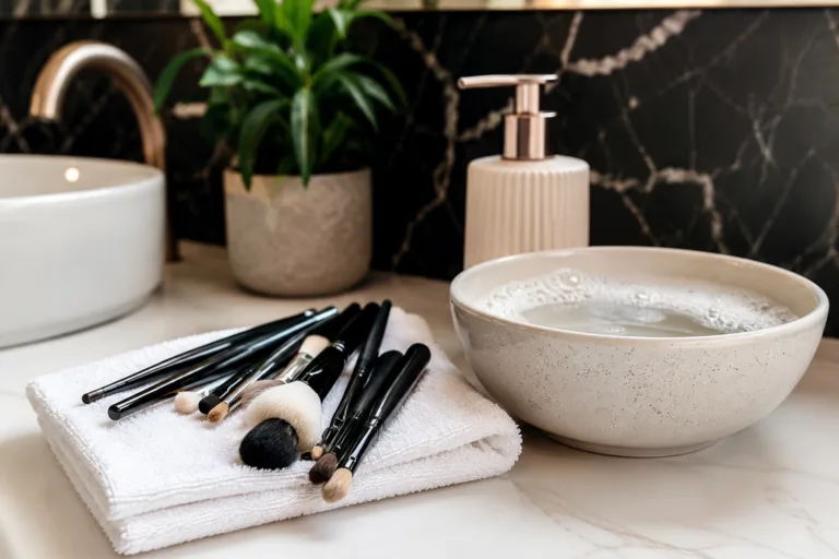 Pinceaux de maquillage avec bol d'eau tiede et serviette propre