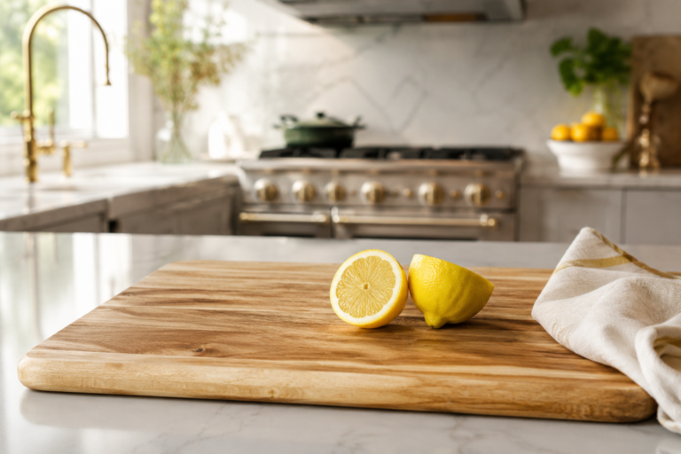 Planche en bois à nettoyer avec citron et chiffon propre