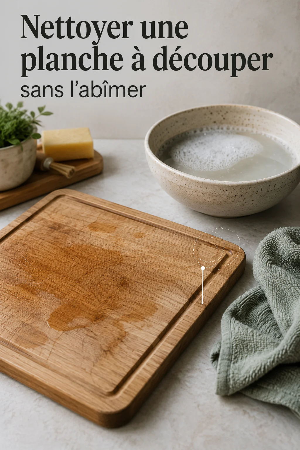 Visuel Pinterest nettoyer une planche à découper sans l'abîmer
