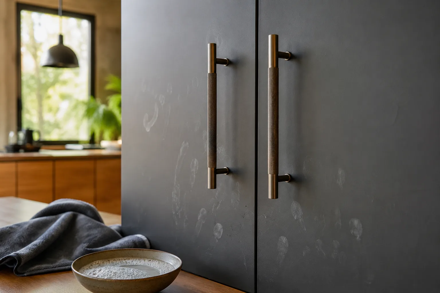 Portes de cuisine avec traces de doigts avant nettoyage doux