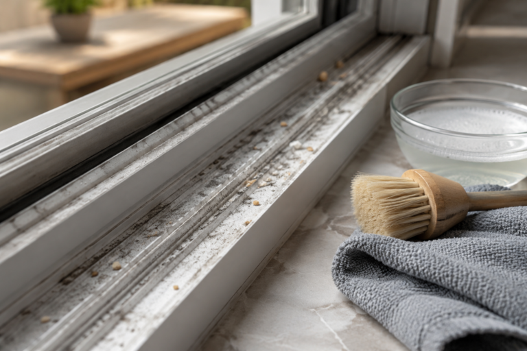 Rails de fenêtre poussiéreux avec brosse douce et chiffon microfibre