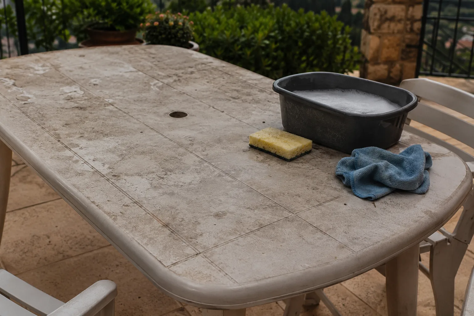 Table de jardin en plastique avec traces avant nettoyage doux