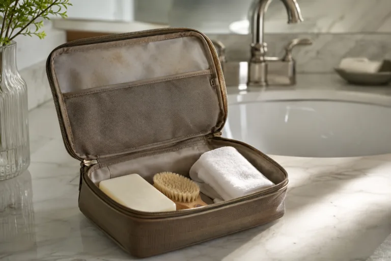 Trousse de toilette ouverte avec brosse souple et savon doux
