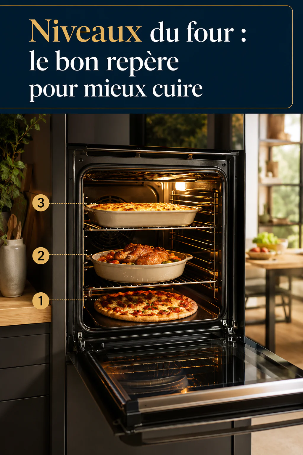Visuel Pinterest expliquant le bon repère pour choisir les niveaux du four