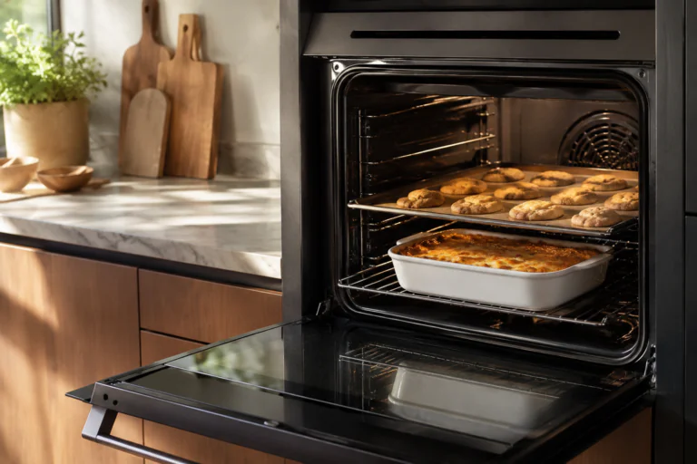 Four ouvert avec plats placés sur plusieurs niveaux de cuisson