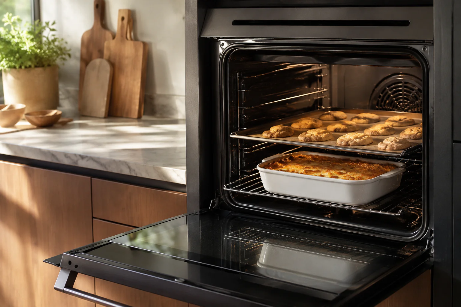Four ouvert avec plats placés sur plusieurs niveaux de cuisson