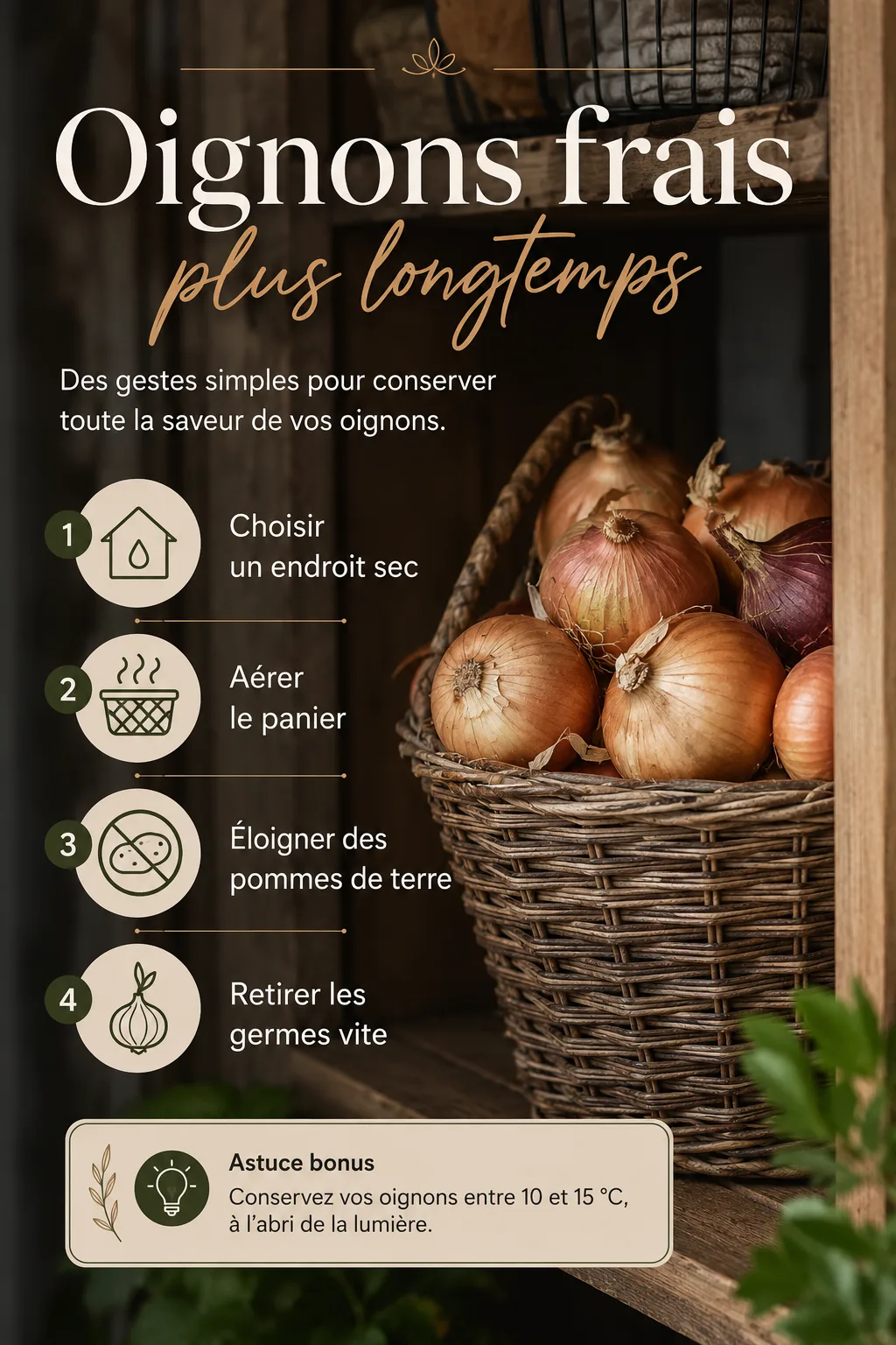 Infographie des étapes pour conserver les oignons plus longtemps