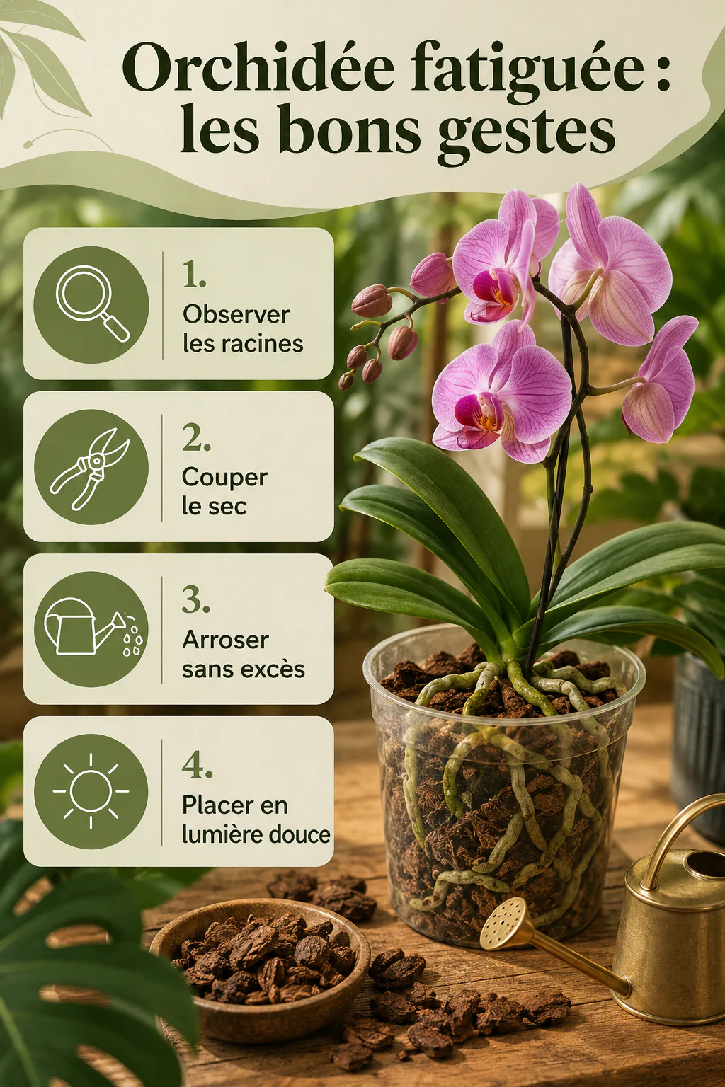Infographie Orchidée fatiguée les bons gestes avec quatre étapes