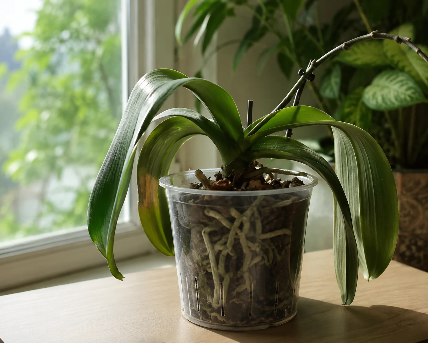 Orchidée fatiguée avec feuilles molles et racines visibles