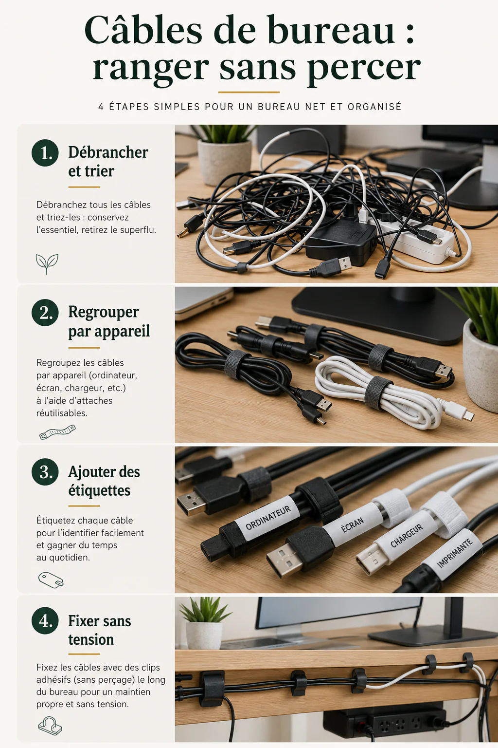 Infographie des étapes pour ranger les câbles de bureau sans percer