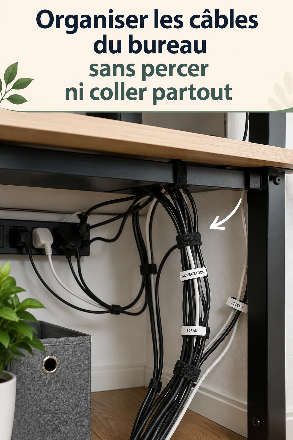 Visuel Pinterest pour organiser les câbles du bureau sans percer ni coller partout