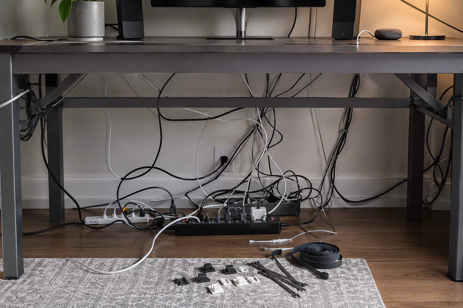 Câbles emmêlés derrière un bureau avec attaches et étiquettes