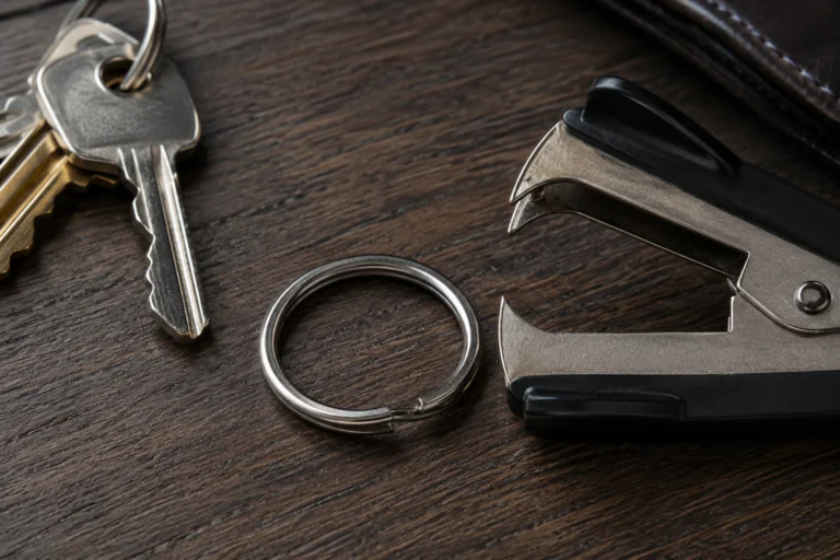 Anneau de porte-clés ouvert avec une dégrafeuse sur un bureau