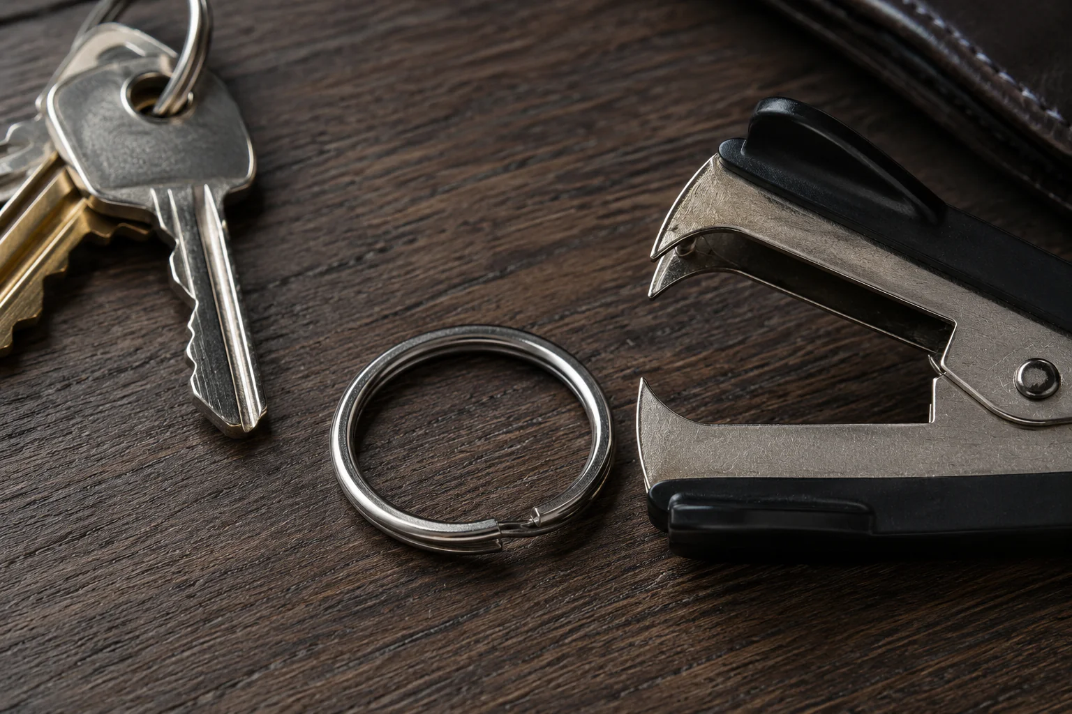 Anneau de porte-clés ouvert avec une dégrafeuse sur un bureau