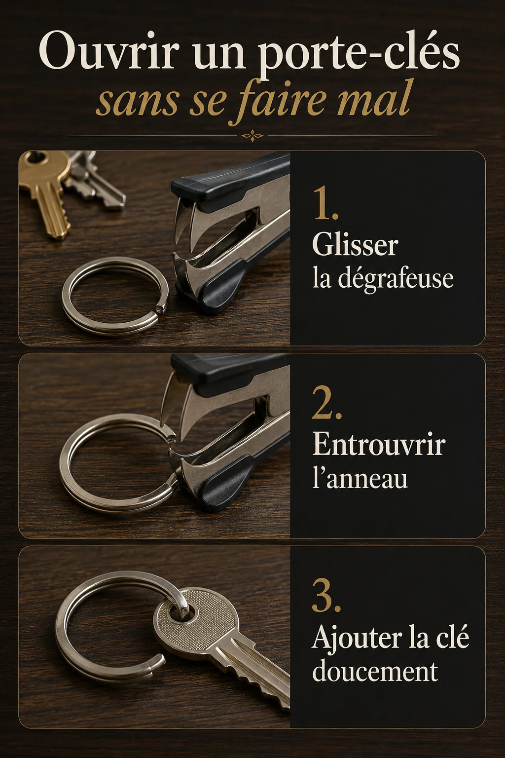 Infographie des étapes pour ouvrir un porte-clés sans se faire mal