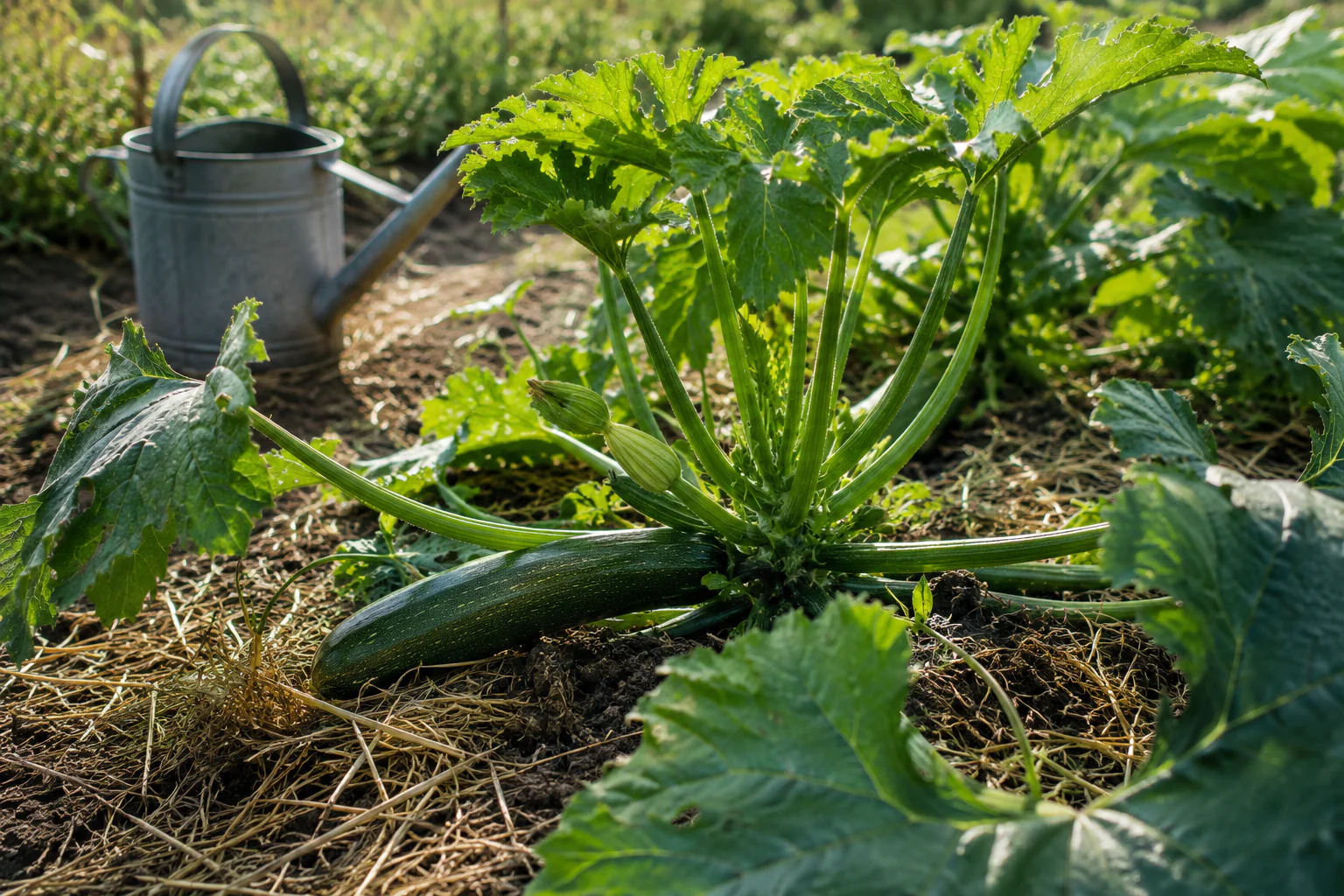 Pied de courgette protégé par un paillage naturel
