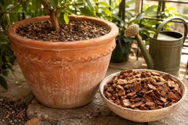 Pot de plante avec terreau et paillage naturel
