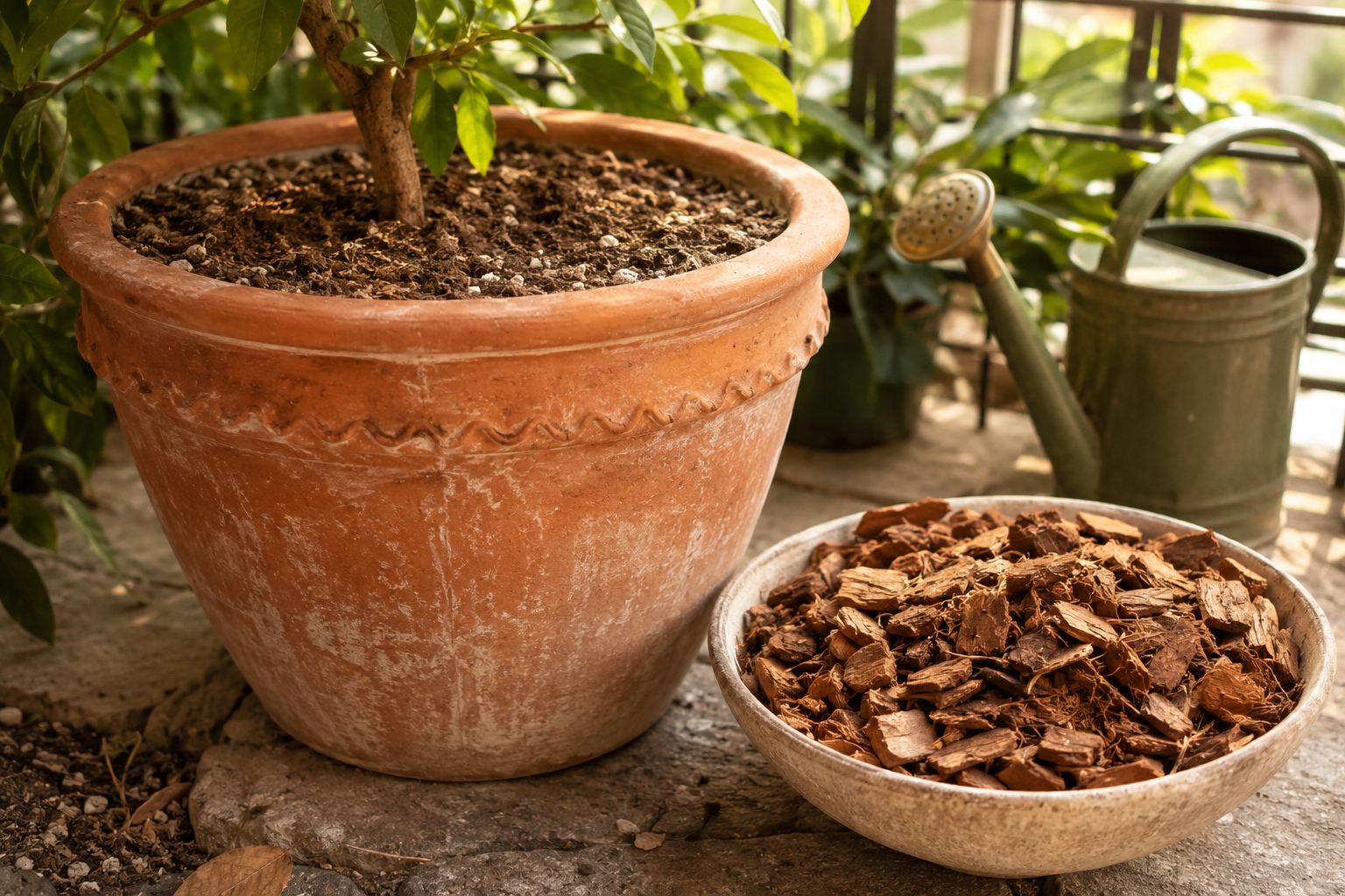 Pot de plante avec terreau et paillage naturel