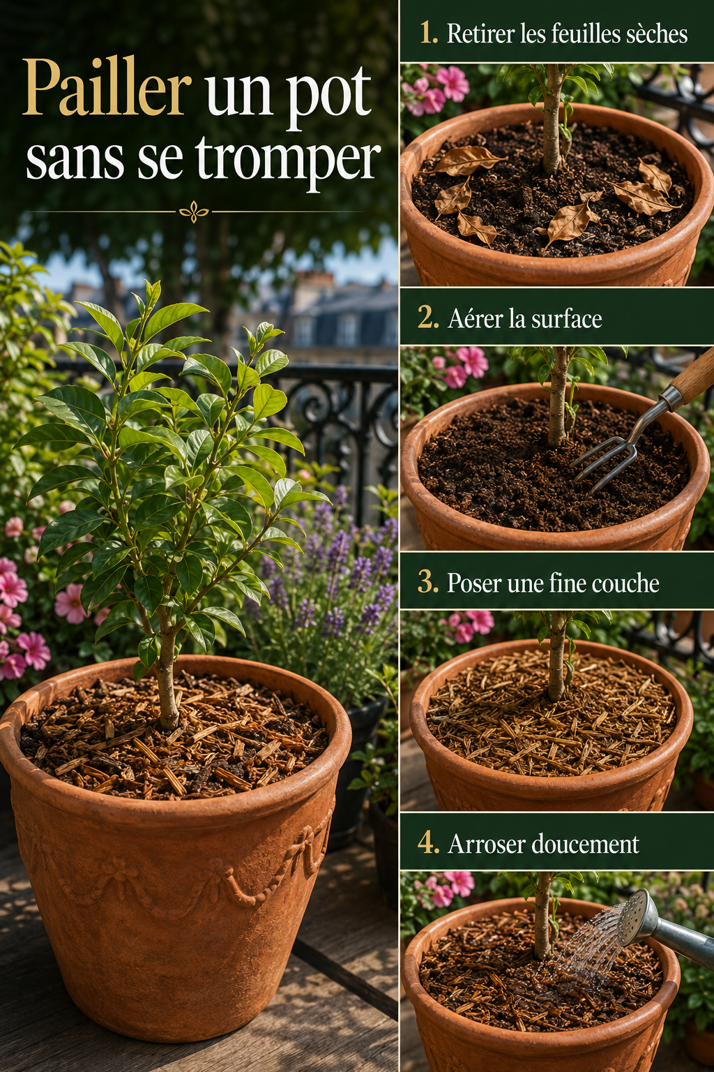 Infographie des étapes pour pailler un pot de plante