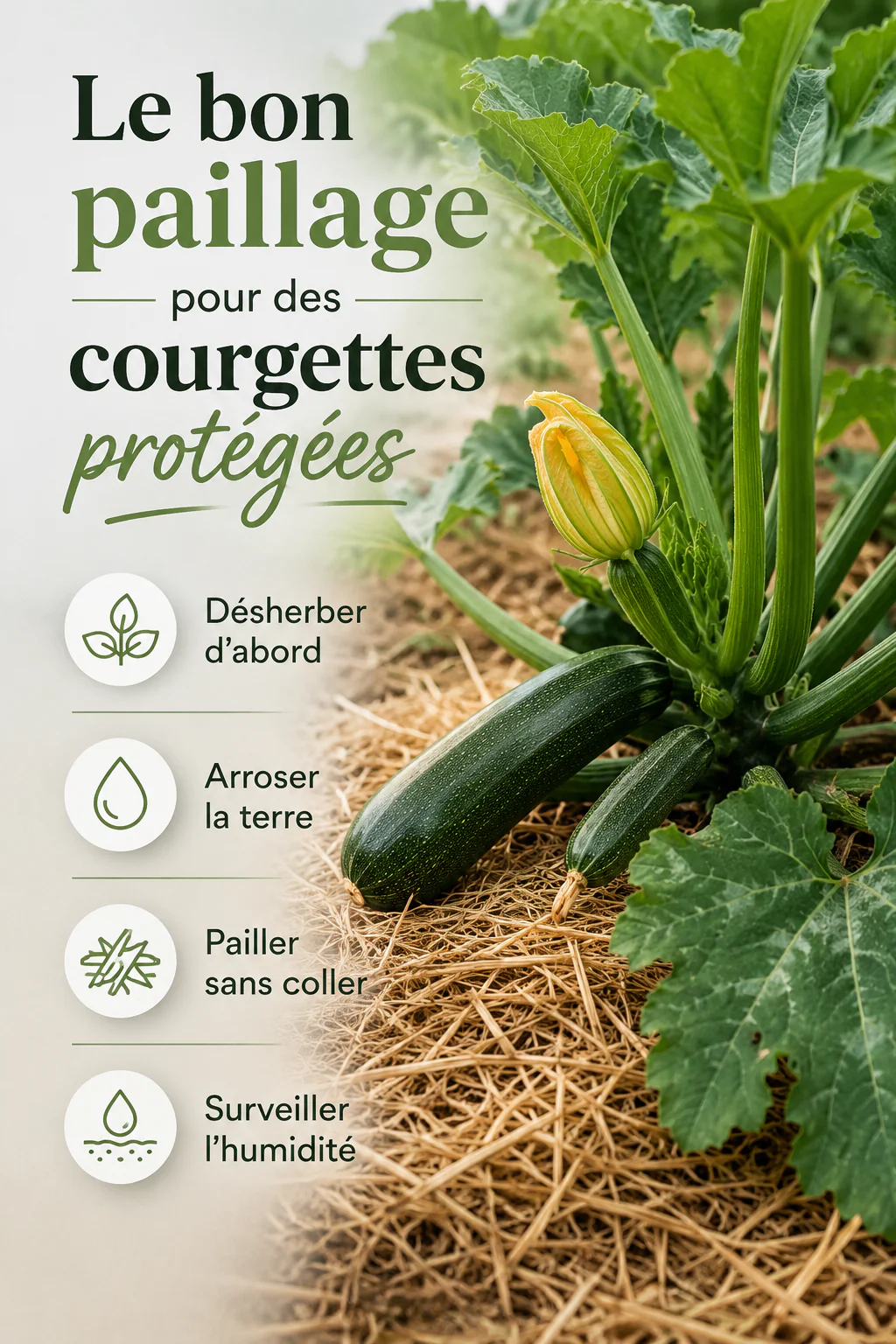 Infographie des étapes pour pailler les courgettes