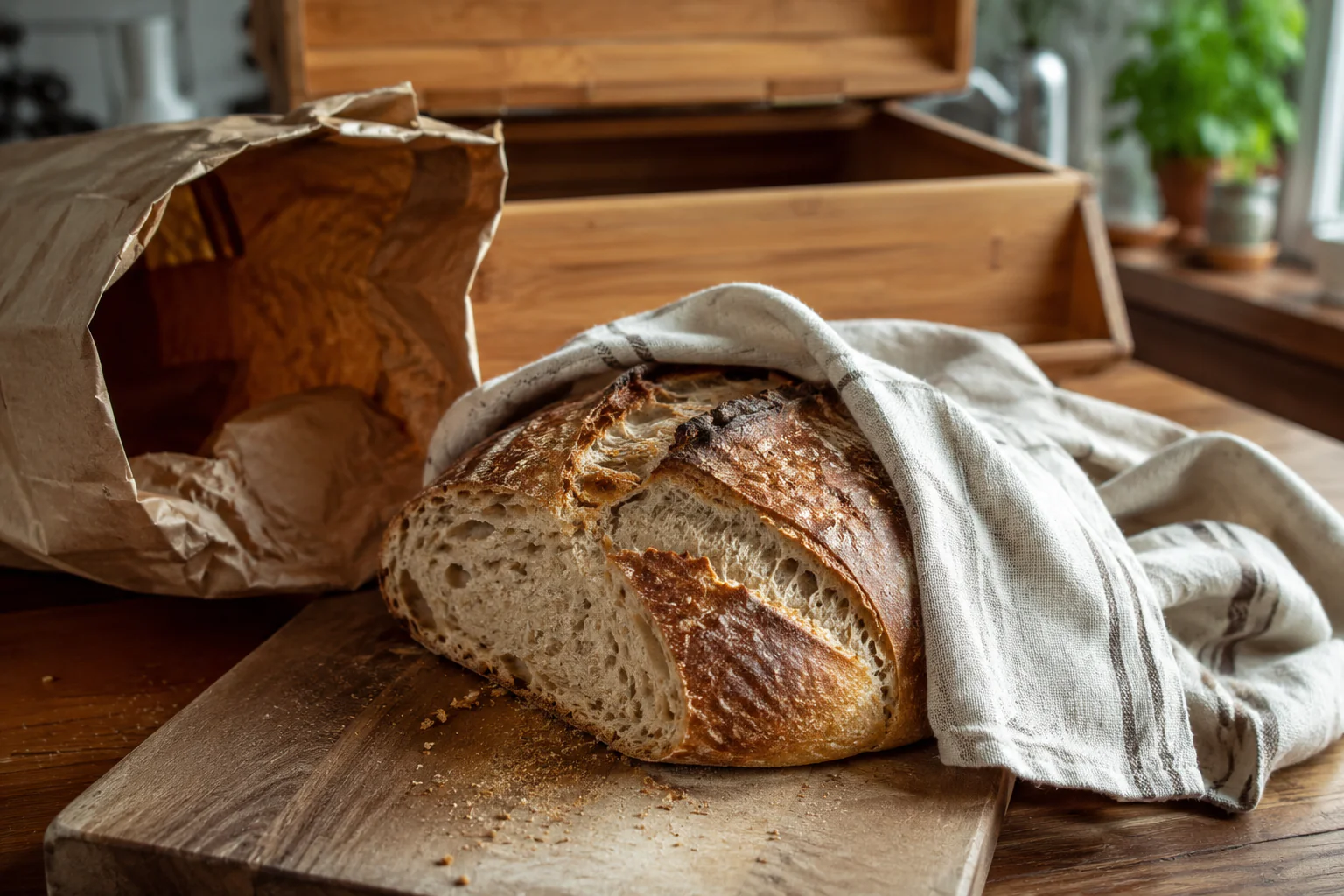 Pain artisanal enveloppé dans un torchon pour rester frais