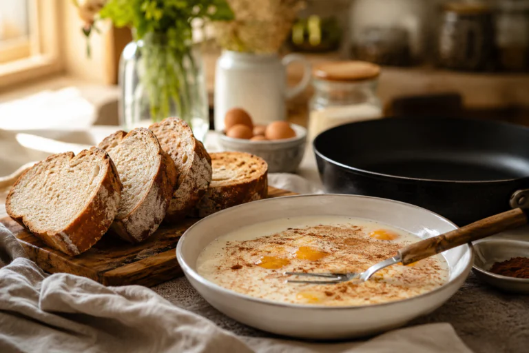 Ingrédients pour préparer un pain perdu maison avec du pain rassis