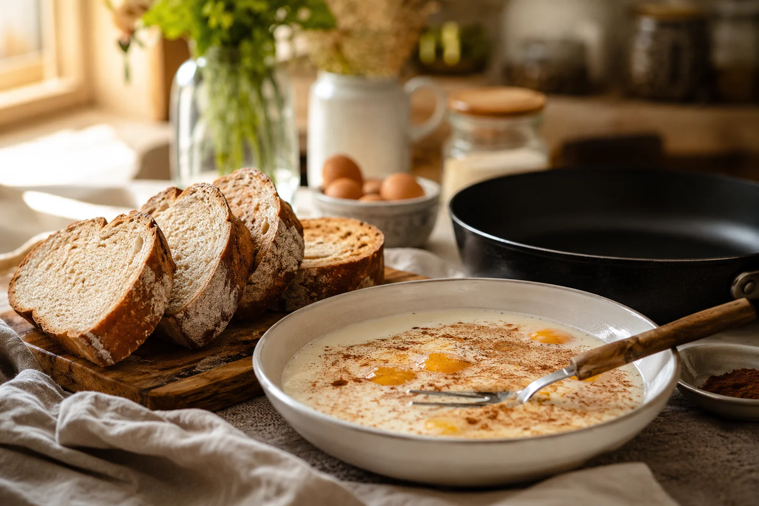 Ingrédients pour préparer un pain perdu maison avec du pain rassis