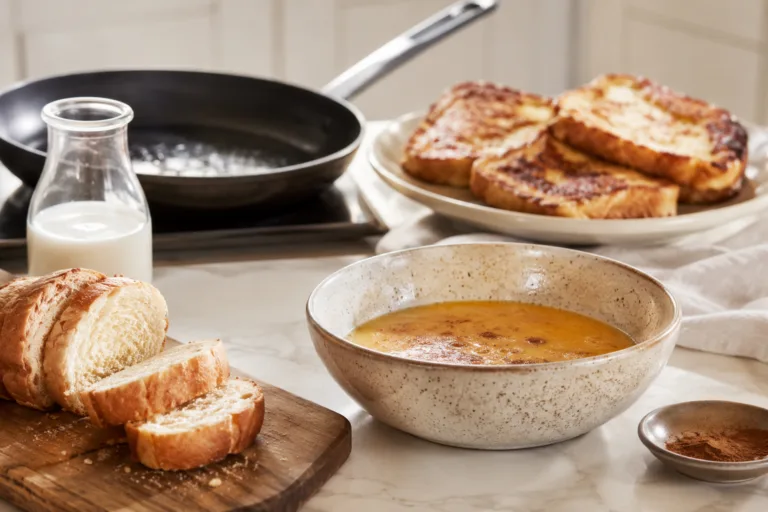 Ingrédients pour pain perdu avec pain rassis, oeufs et lait