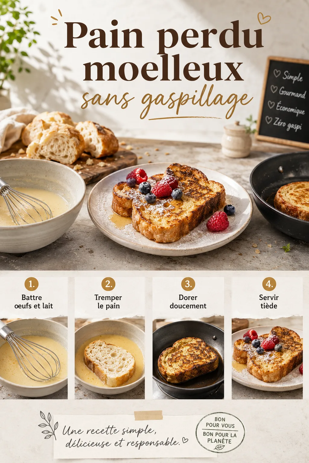 Infographie des étapes pour préparer un pain perdu moelleux sans gaspillage