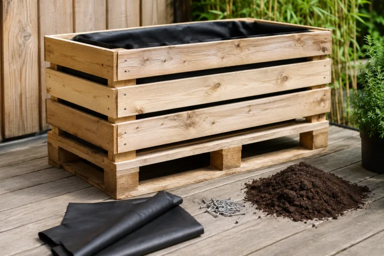 Palette en bois transformée en bac surélevé de jardin