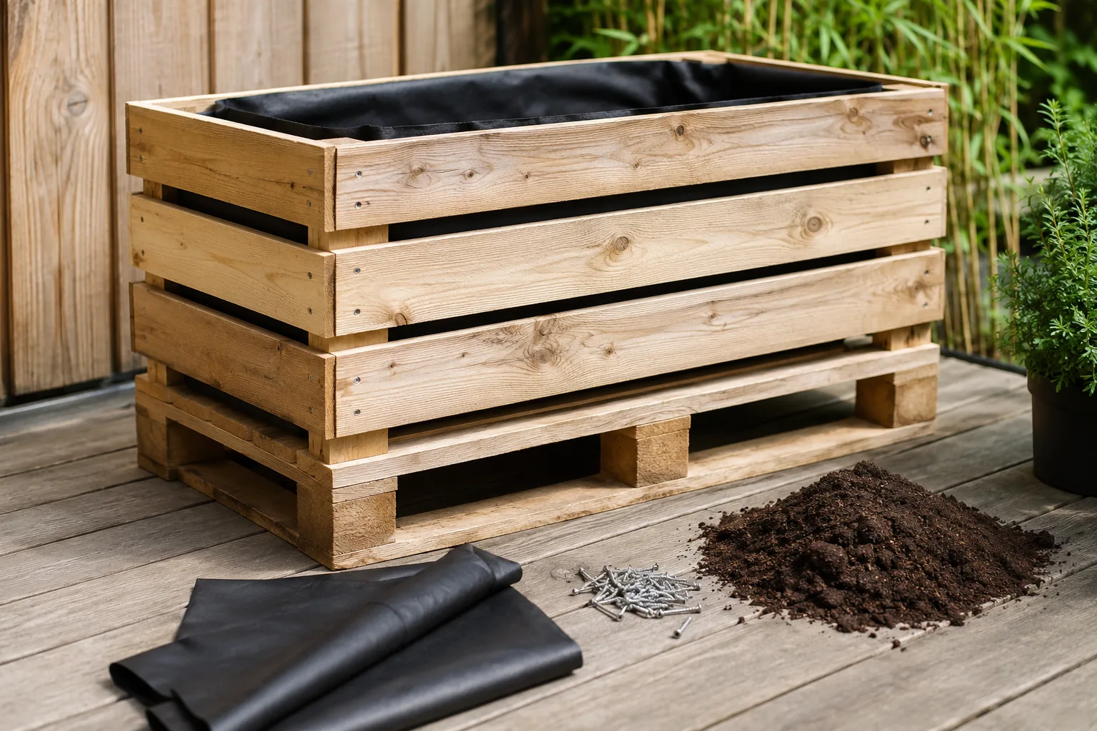 Palette en bois transformée en bac surélevé de jardin