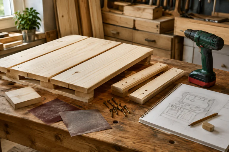 Palette en bois préparée pour un projet de cuisine en palette