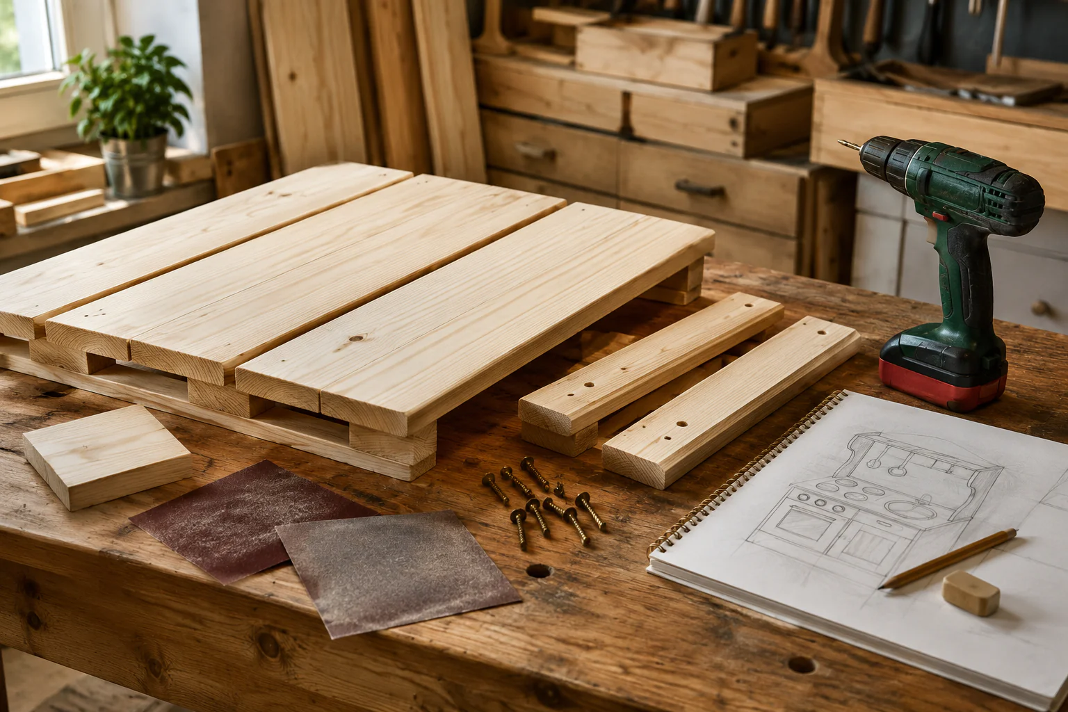 Palette en bois préparée pour un projet de cuisine en palette