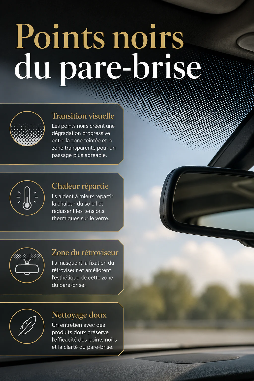 Infographie expliquant les points noirs du pare-brise et le nettoyage doux