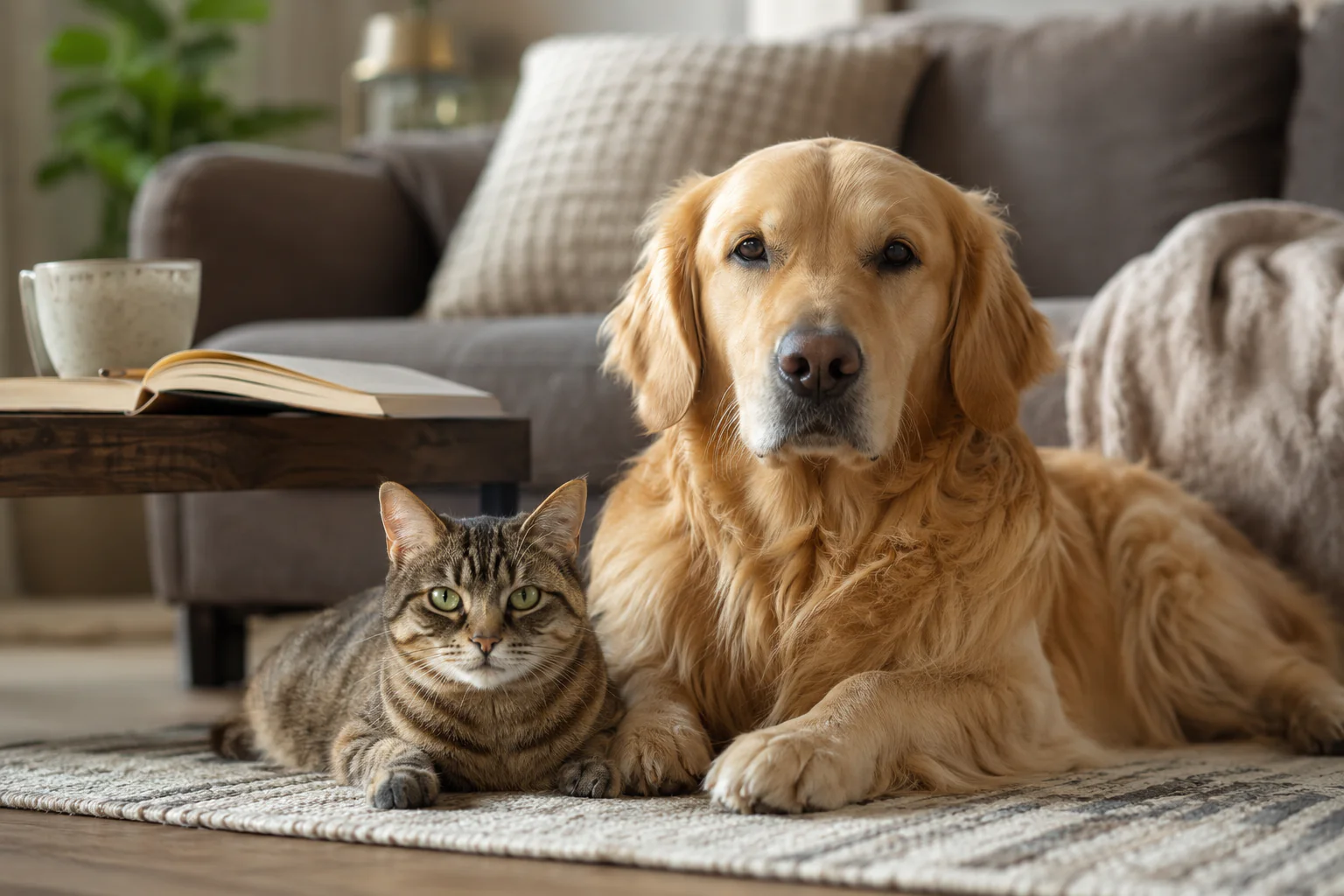 Chien et chat calmes dans un salon, illustration du lien créé par la parole quotidienne