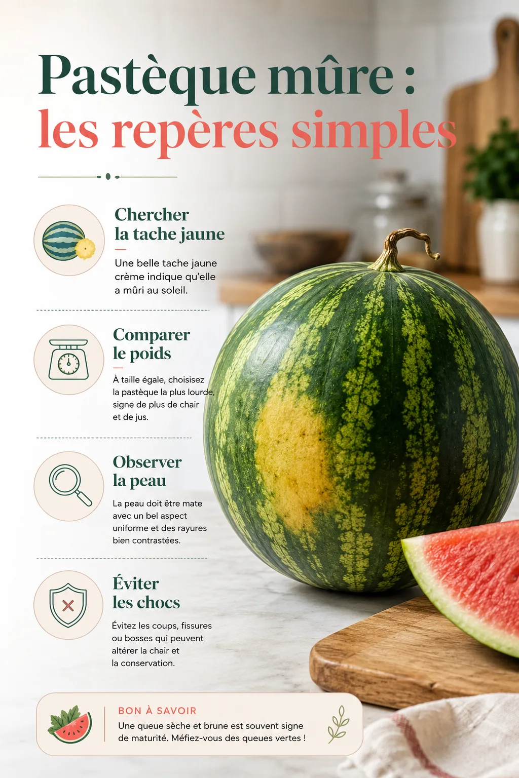 Infographie des repères simples pour choisir une pastèque mûre