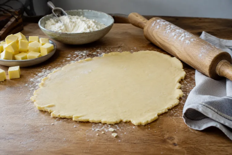 Pâte brisée étalée avec farine beurre et rouleau à pâtisserie