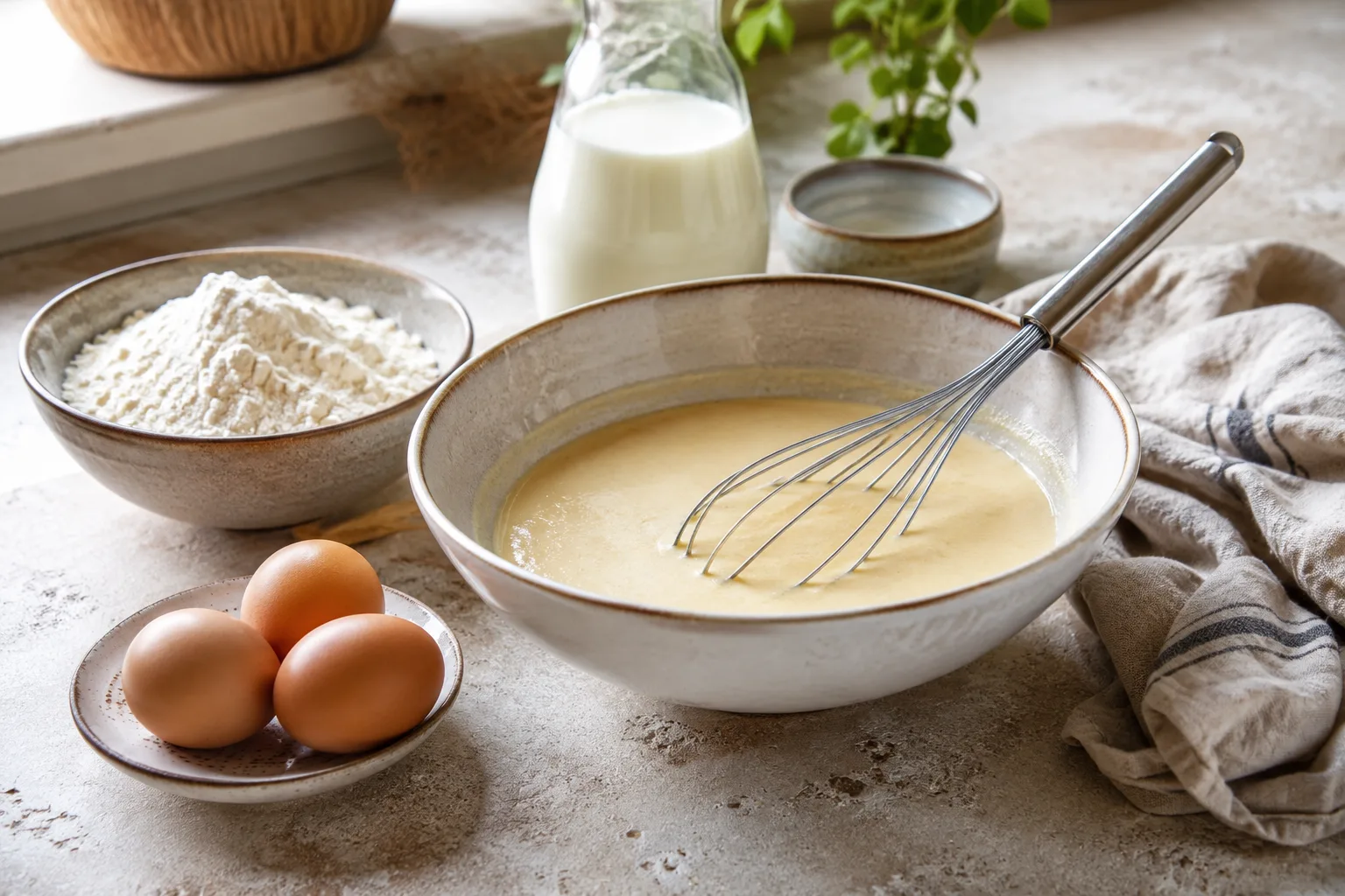 Bol de pâte à crêpes lisse avec ingrédients