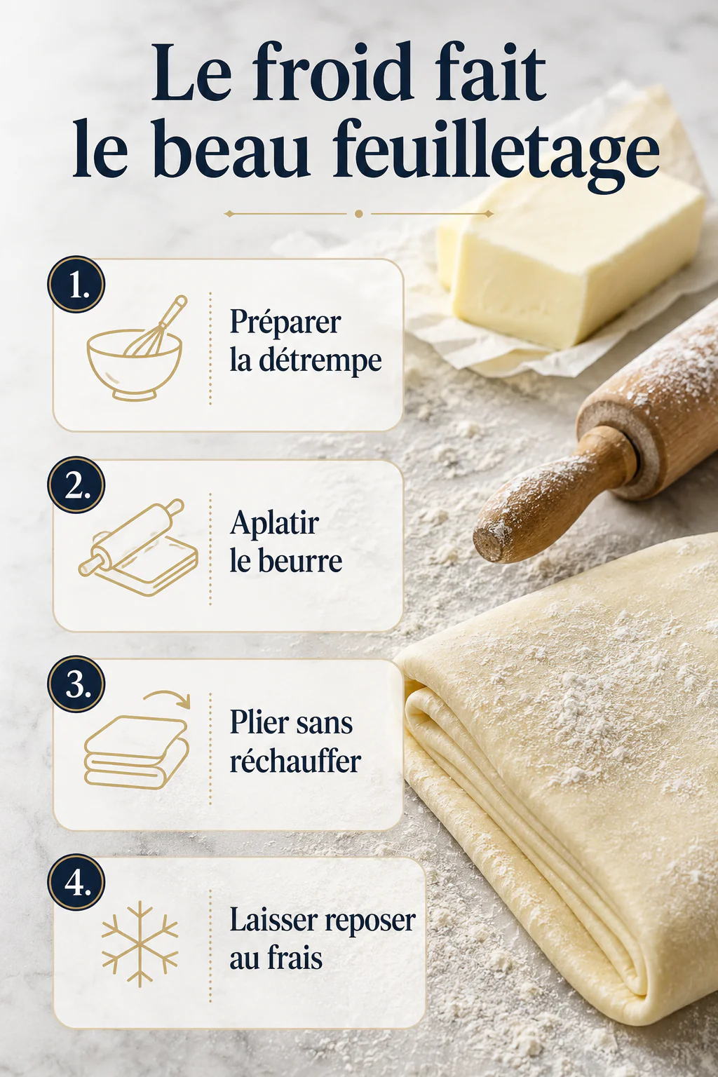 Infographie des étapes clés pour réussir une pâte feuilletée maison au frais