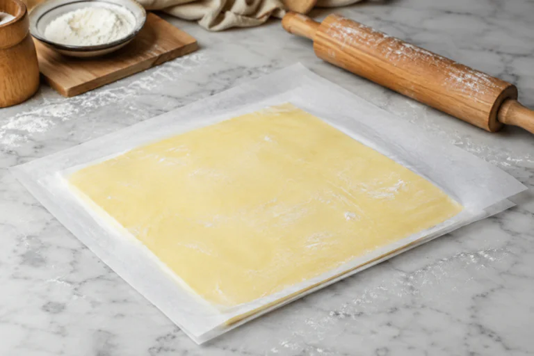 Pâte feuilletée maison avec beurre froid et rouleau sur un plan de travail