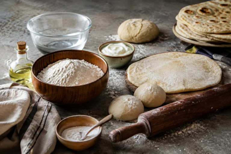 Ingrédients bruts et pâte crue pour préparer des naans maison à la poêle