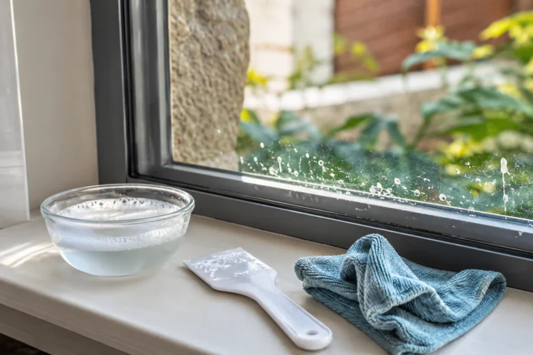 Vitre avec petites traces de peinture sèche et outils doux pour les retirer