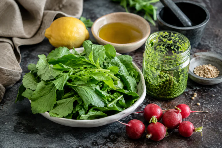 Fanes de radis fraîches et pesto maison dans un bocal